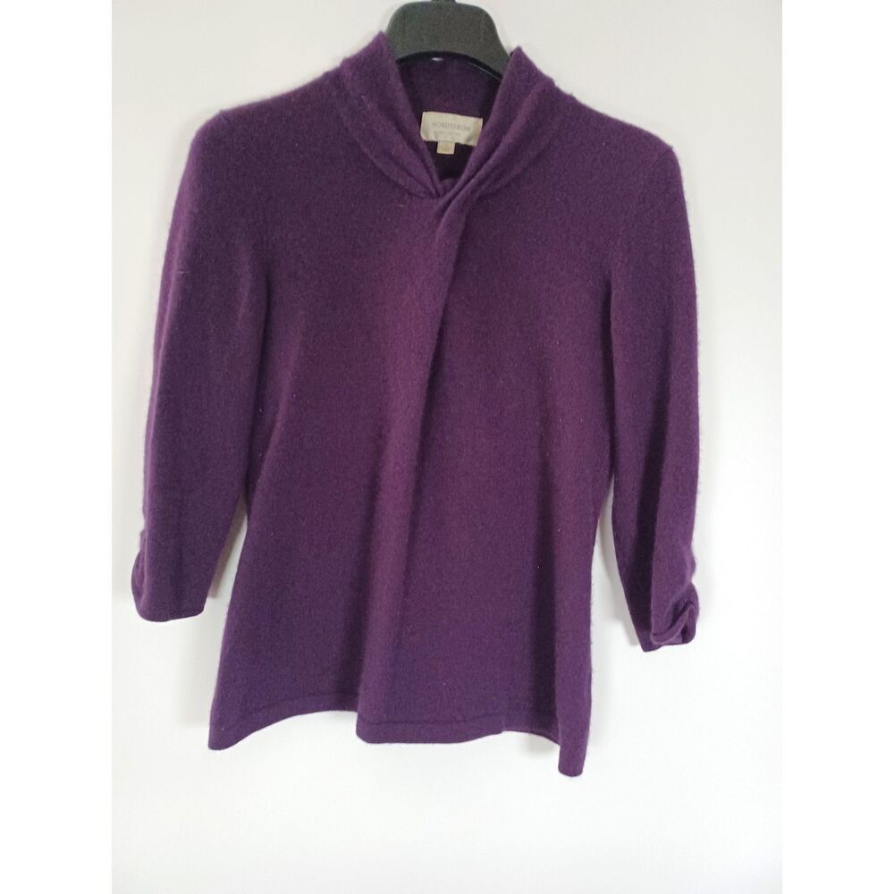 Nordstrom 100% Cashmere Sweater Small Twist V Neck 3/4 Ruched Sleeve Luxury